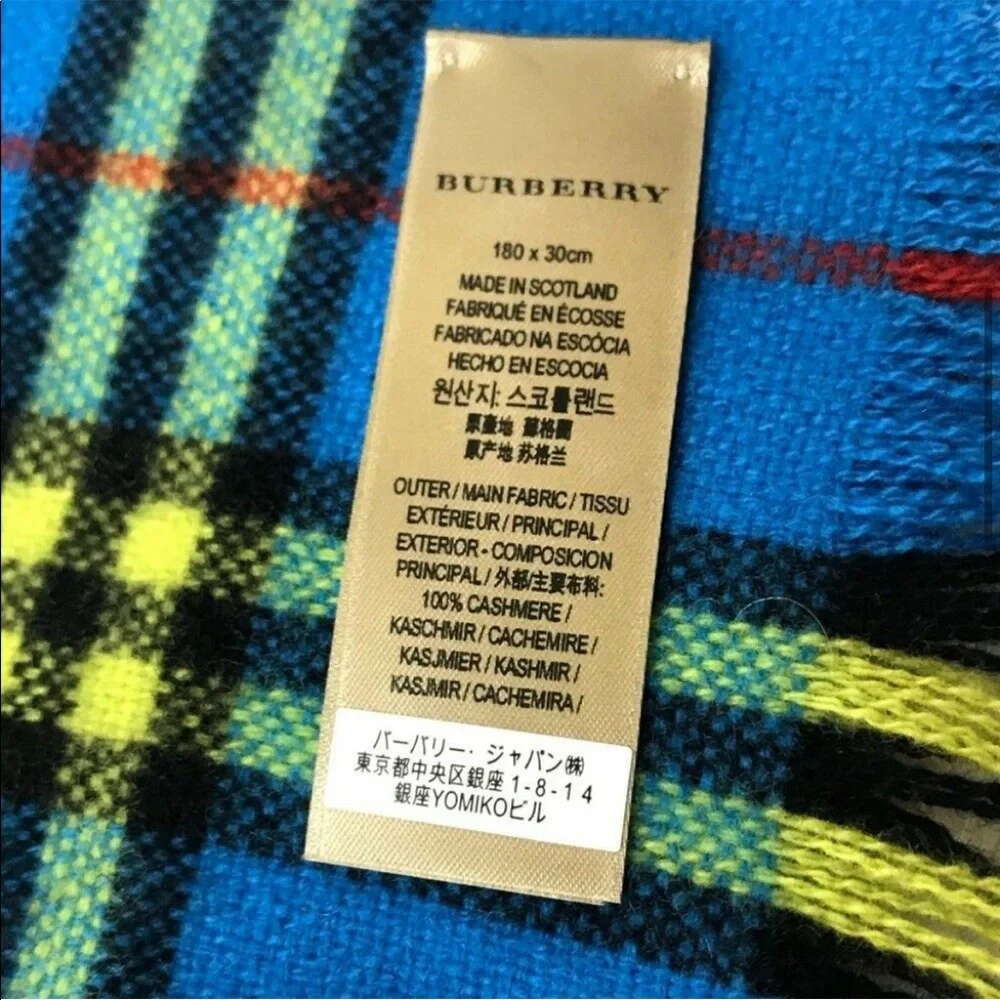 RARE LARGE BURBERRY cashmere blue turquoise yellow fringe check plaid scarf - Picture 6 of 6